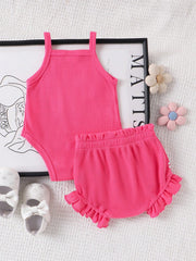 Baby Girls Bow Embroidered Waffle Romper Set - Cerise