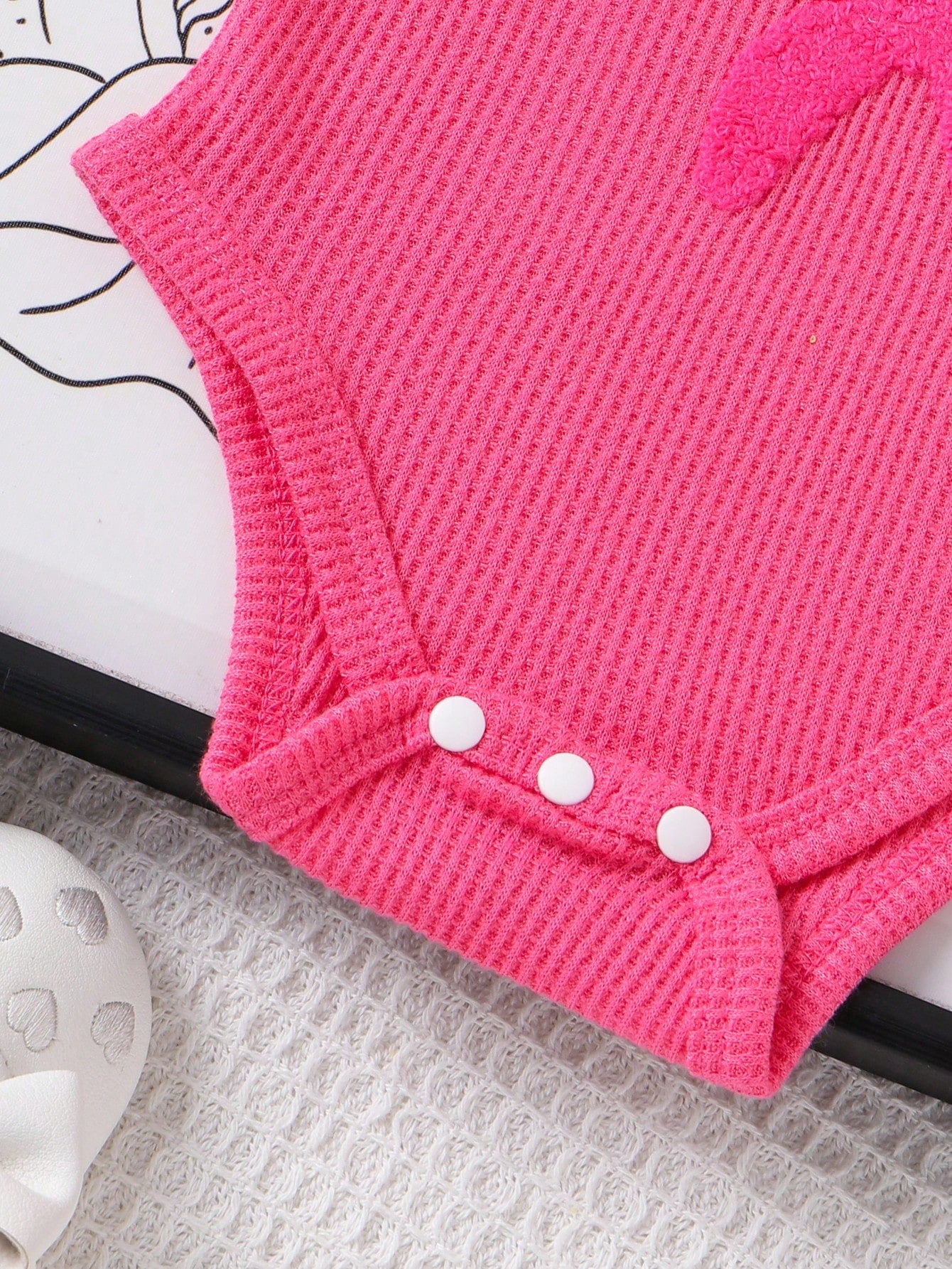 Baby Girls Bow Embroidered Waffle Romper Set - Cerise