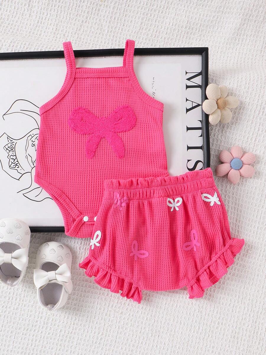 Baby Girls Bow Embroidered Waffle Romper Set - Cerise