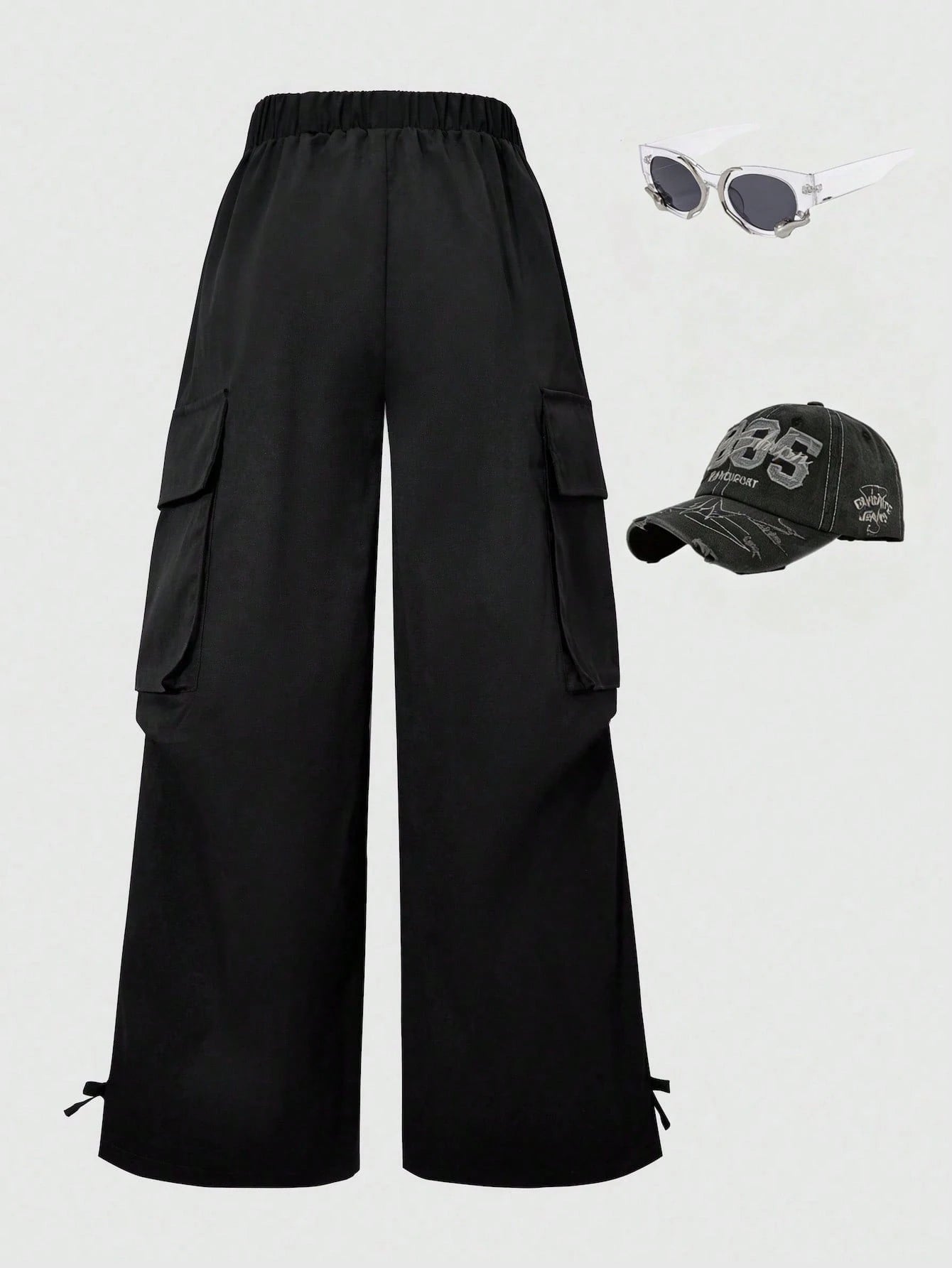 Girls Wide-Leg Cargo Pocket Trousers - Onyx | 21 Century Kids