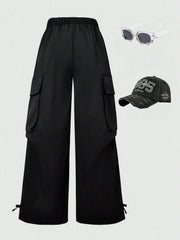 Girls Wide-Leg Cargo Pocket Trousers - Onyx | 21 Century Kids