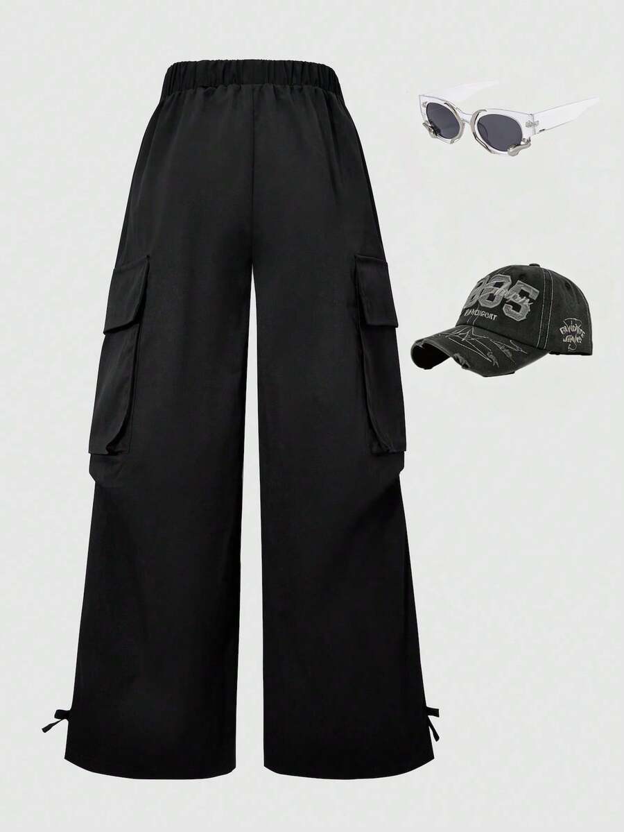 Girls Wide-Leg Cargo Pocket Trousers - Onyx | 21 Century Kids