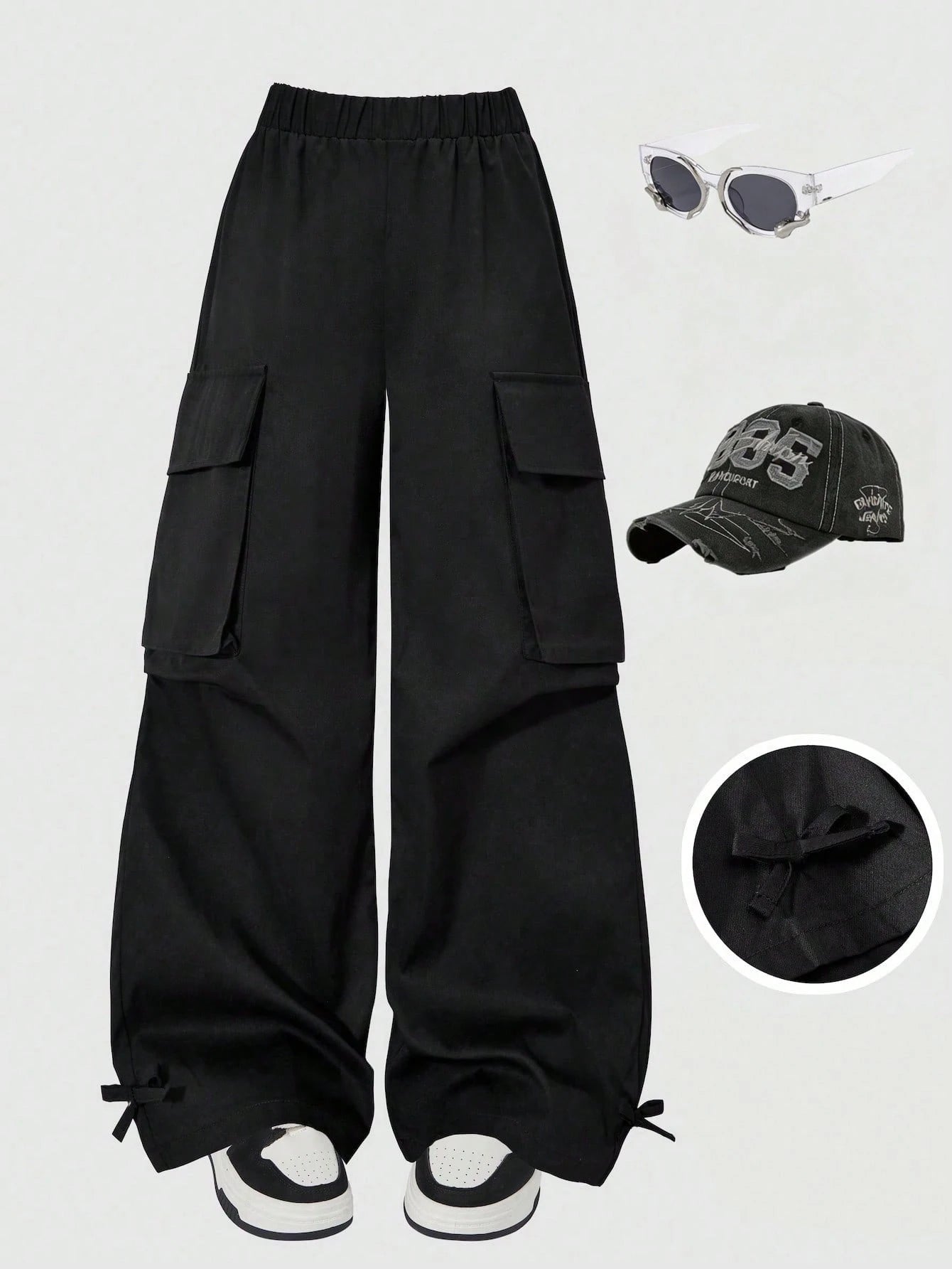 Girls Wide-Leg Cargo Pocket Trousers - Onyx | 21 Century Kids