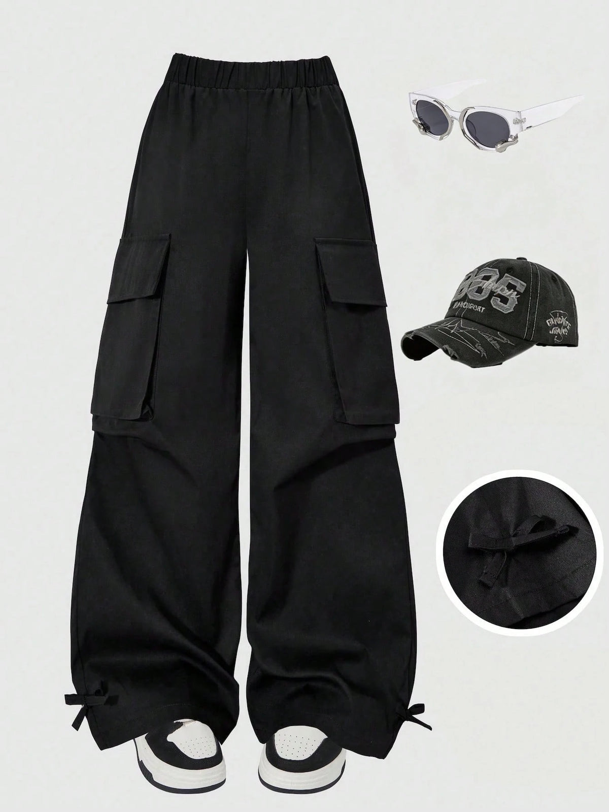 Girls Wide-Leg Cargo Pocket Trousers - Onyx | 21 Century Kids