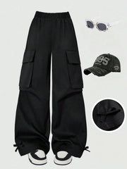 Girls Wide-Leg Cargo Pocket Trousers - Onyx | 21 Century Kids