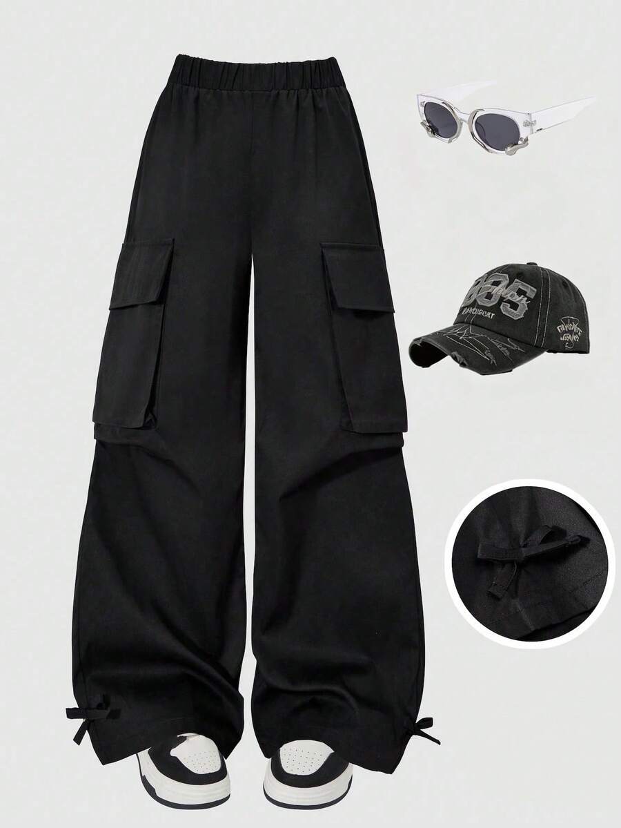 Girls Wide-Leg Cargo Pocket Trousers - Onyx | 21 Century Kids