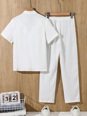 2pcs Big Boys Textured Shirt & Straight-Leg Trousers Set - Ivory | ...