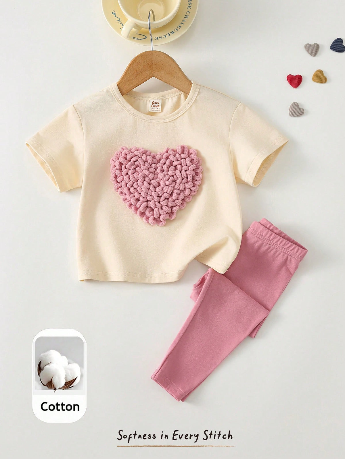 2pcs Girls Textured Heart Appliqué Tee & Legging Set - Isabelline