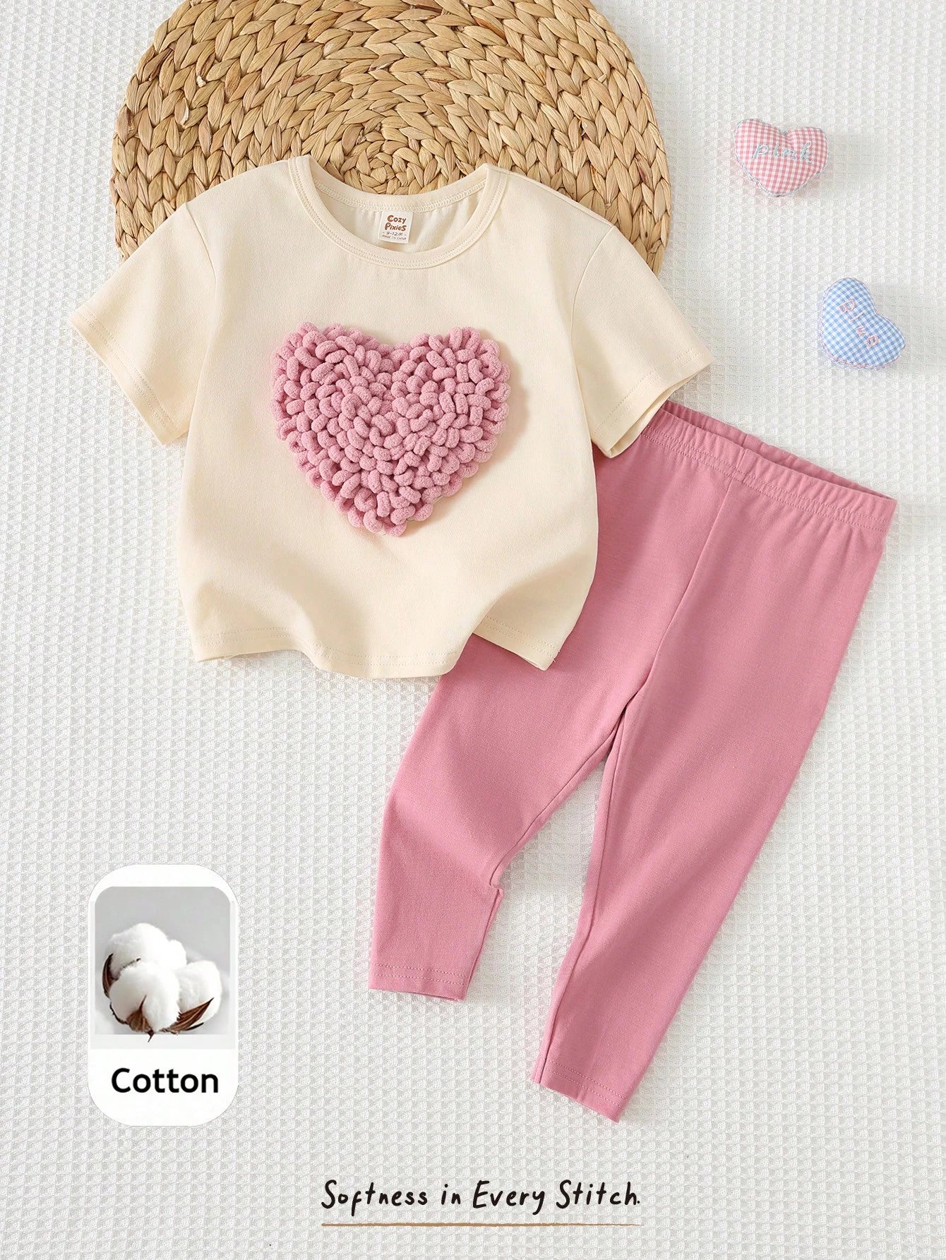 2pcs Girls Textured Heart Appliqué Tee & Legging Set - Isabelline