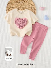 2pcs Girls Textured Heart Appliqué Tee & Legging Set - Isabelline