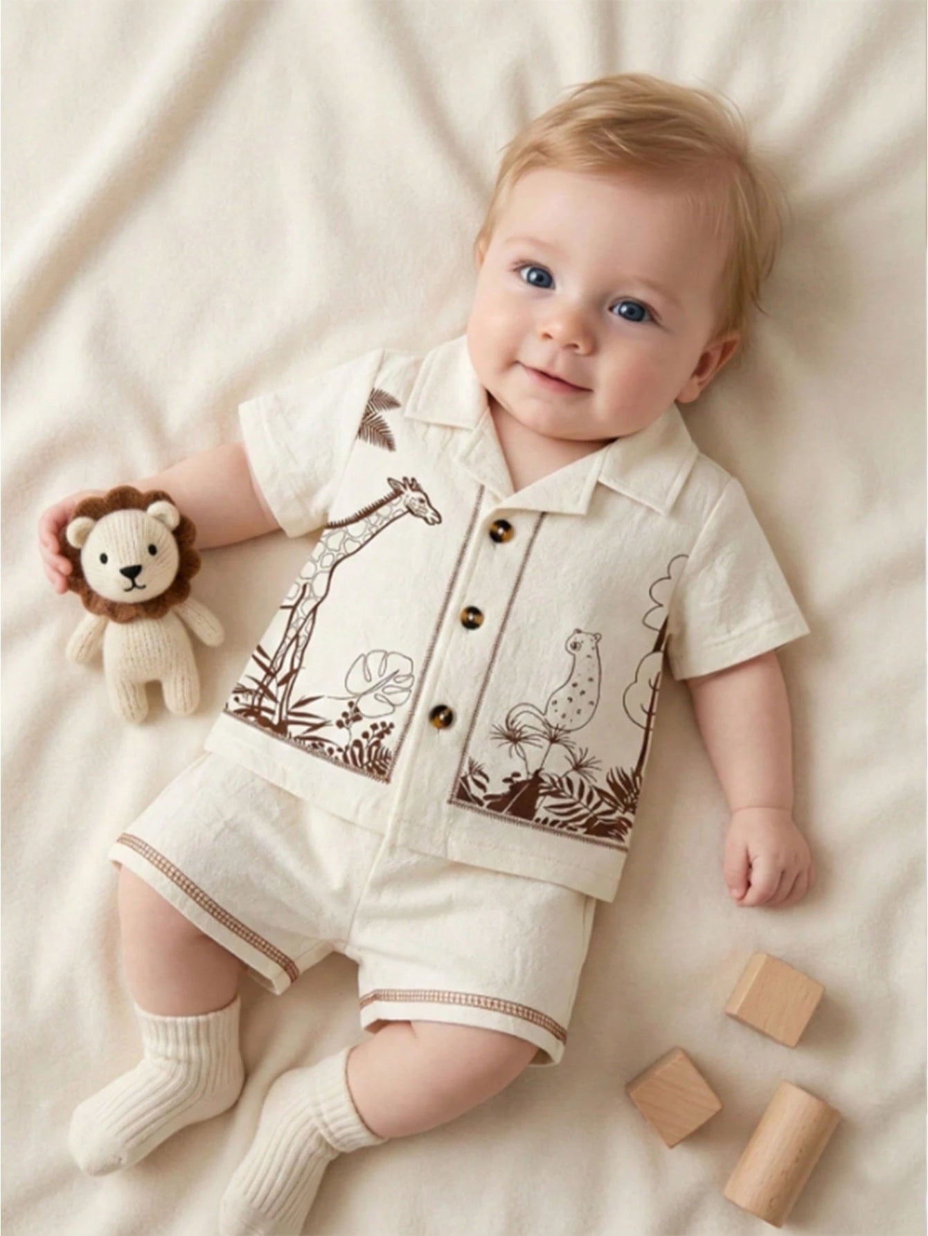 Baby Boys Safari Animal Print Resort Shirt Set - Ecru