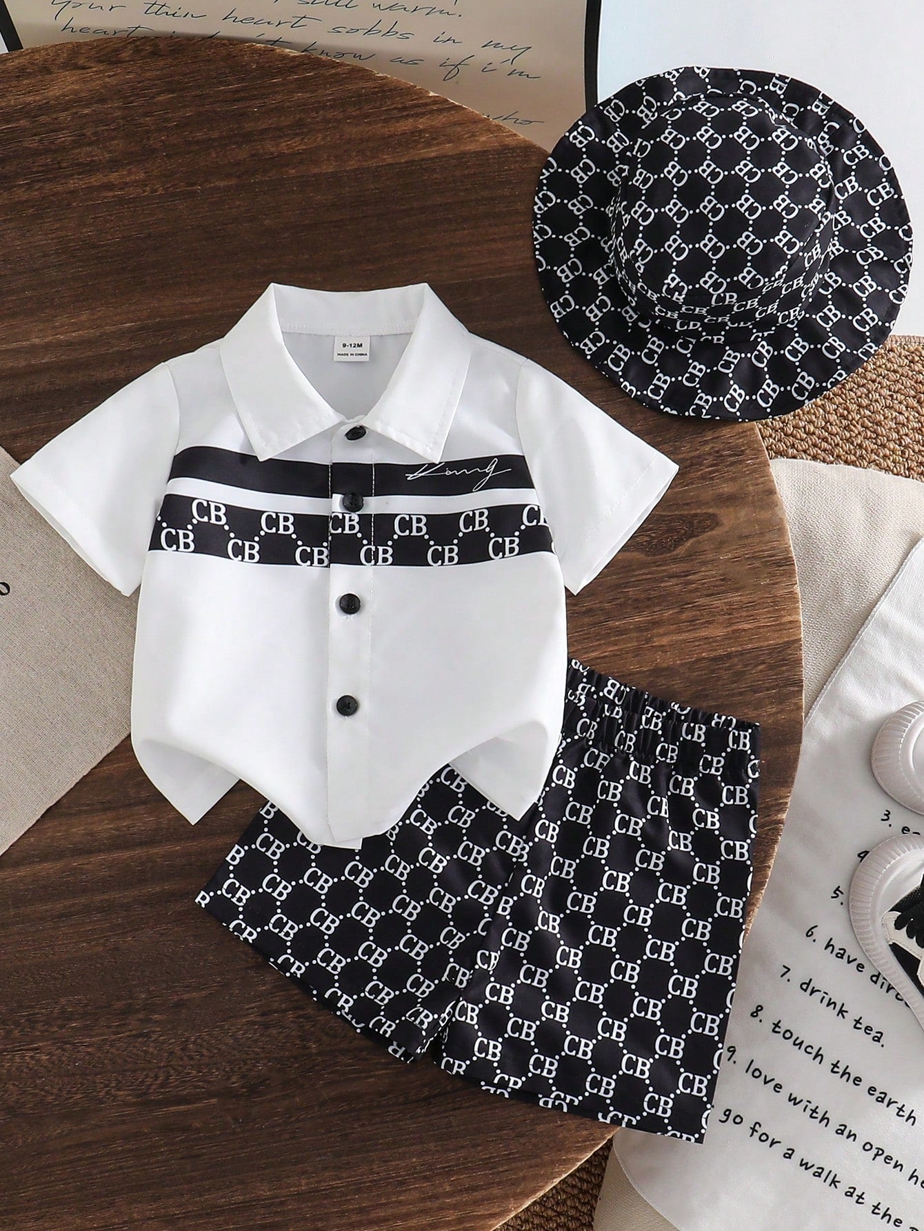 Little Boys Monogram Print Collar Shirt & Shorts Set - Ivory