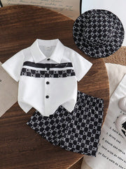 Little Boys Monogram Print Collar Shirt & Shorts Set - Ivory