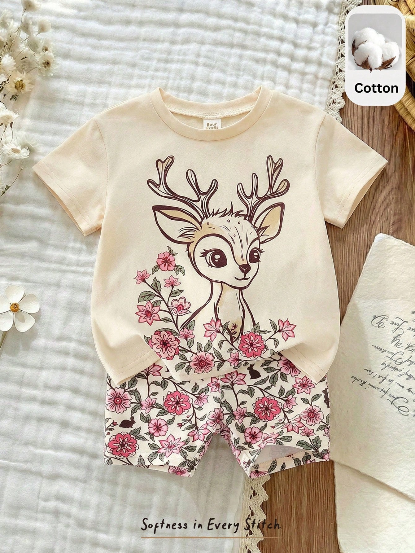 2pcs Girls Deer Floral Print Tee & Shorts Set - Isabelline