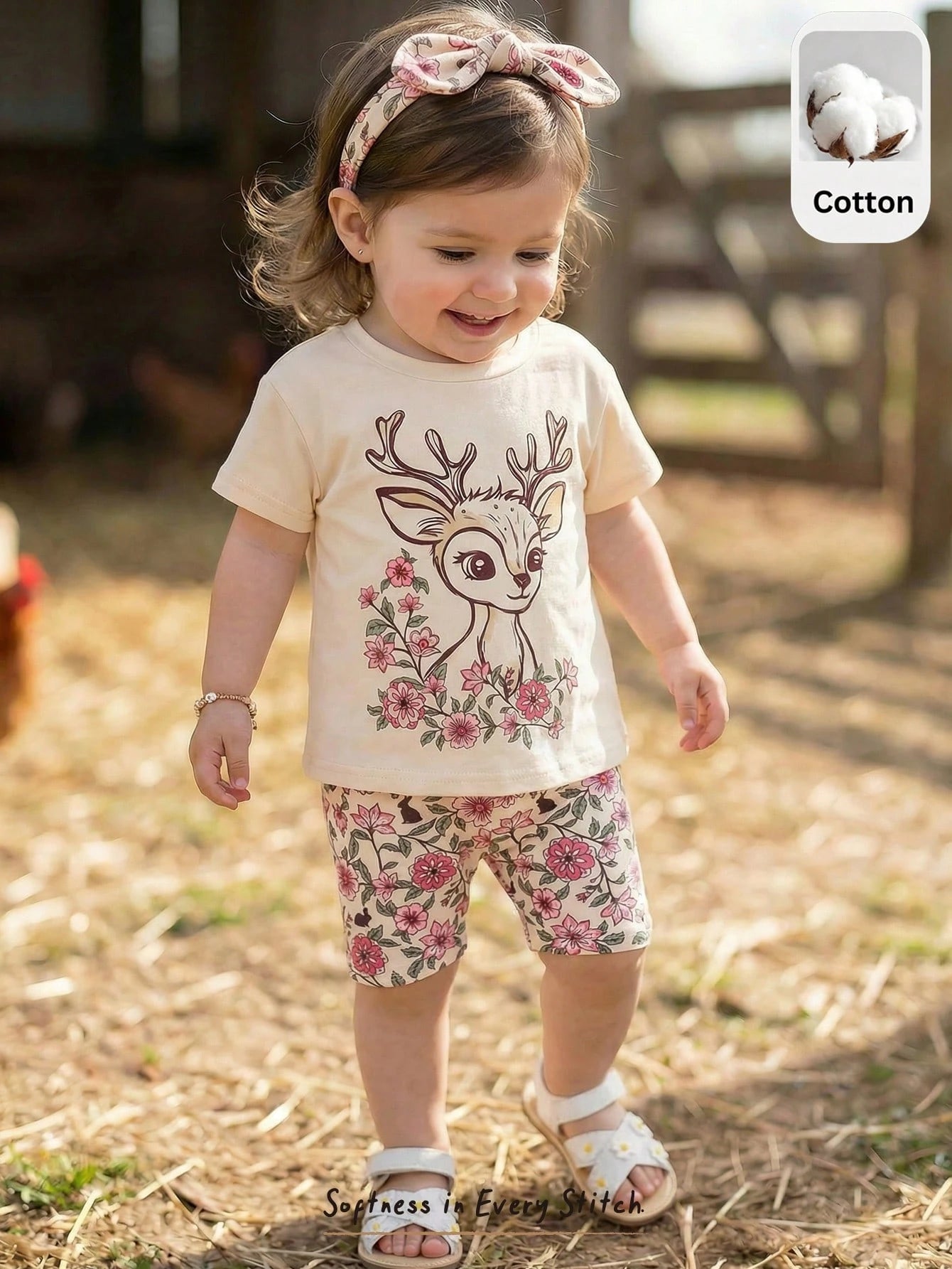 2pcs Girls Deer Floral Print Tee & Shorts Set - Isabelline