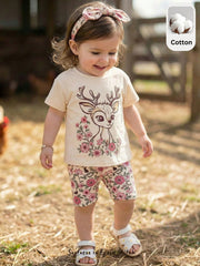 2pcs Girls Deer Floral Print Tee & Shorts Set - Isabelline