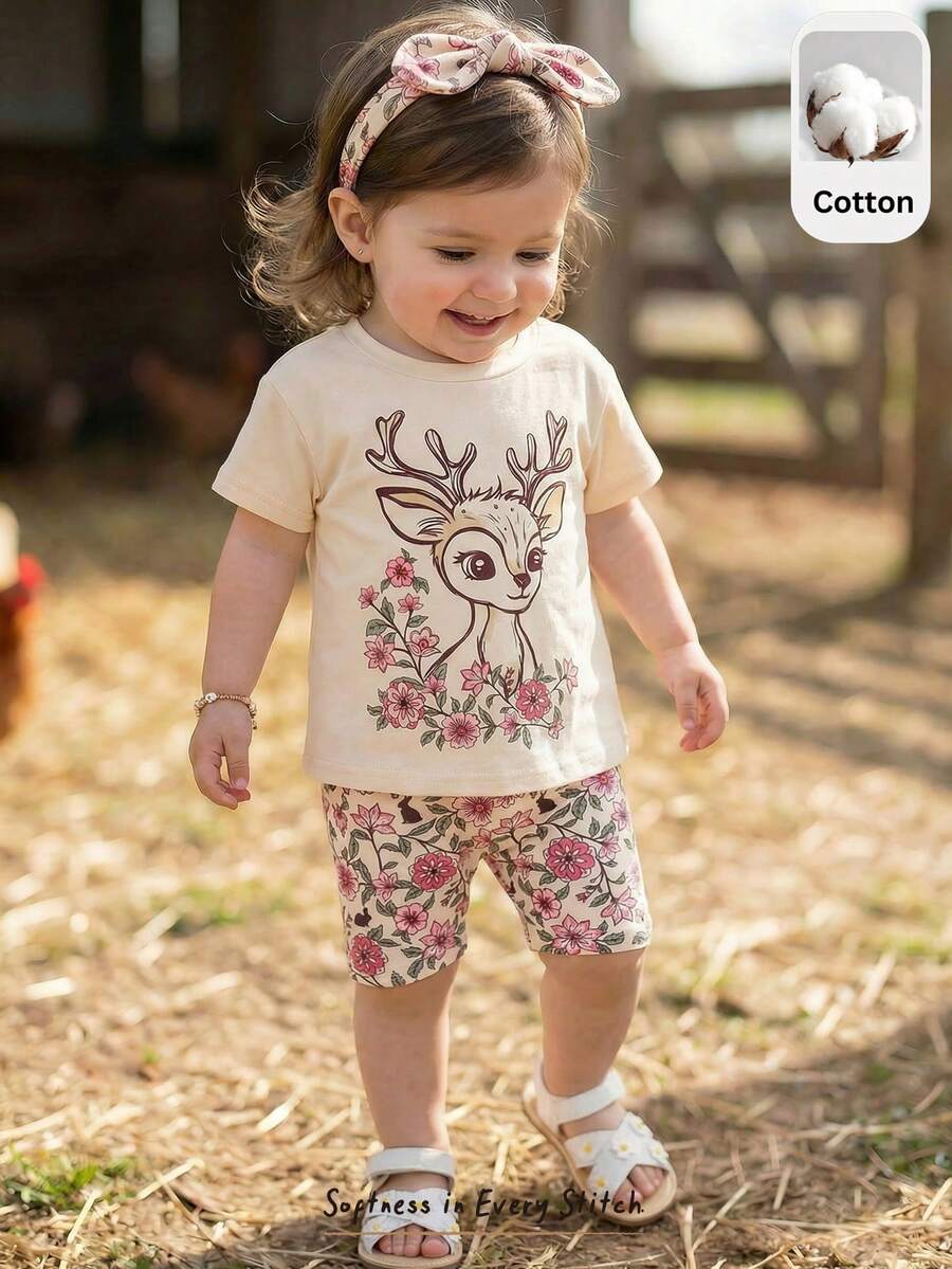 2pcs Girls Deer Floral Print Tee & Shorts Set - Isabelline