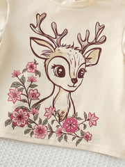 2pcs Girls Deer Floral Print Tee & Shorts Set - Isabelline