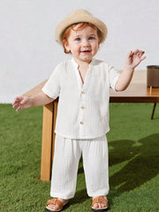 2pcs Boys Muslin Notched Collar Shirt & Wide-Leg Pants Set - Ivory ...
