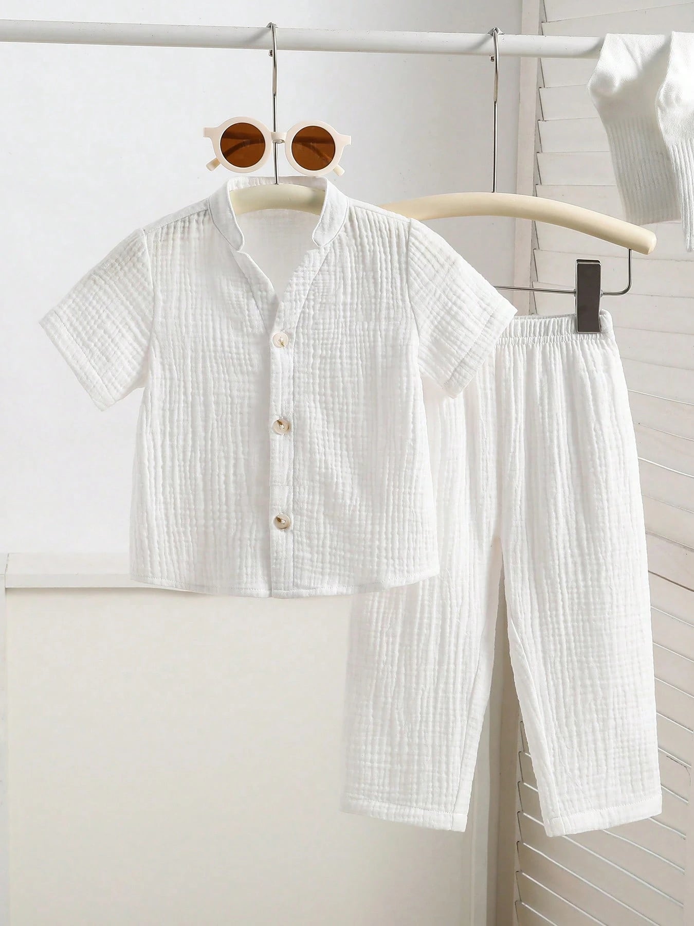 2pcs Boys Muslin Notched Collar Shirt & Wide-Leg Pants Set - Ivory ...