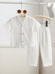 2pcs Boys Muslin Notched Collar Shirt & Wide-Leg Pants Set - Ivory ...