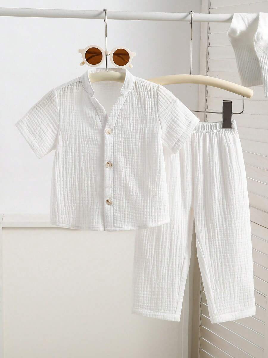 2pcs Boys Muslin Notched Collar Shirt & Wide-Leg Pants Set - Ivory ...