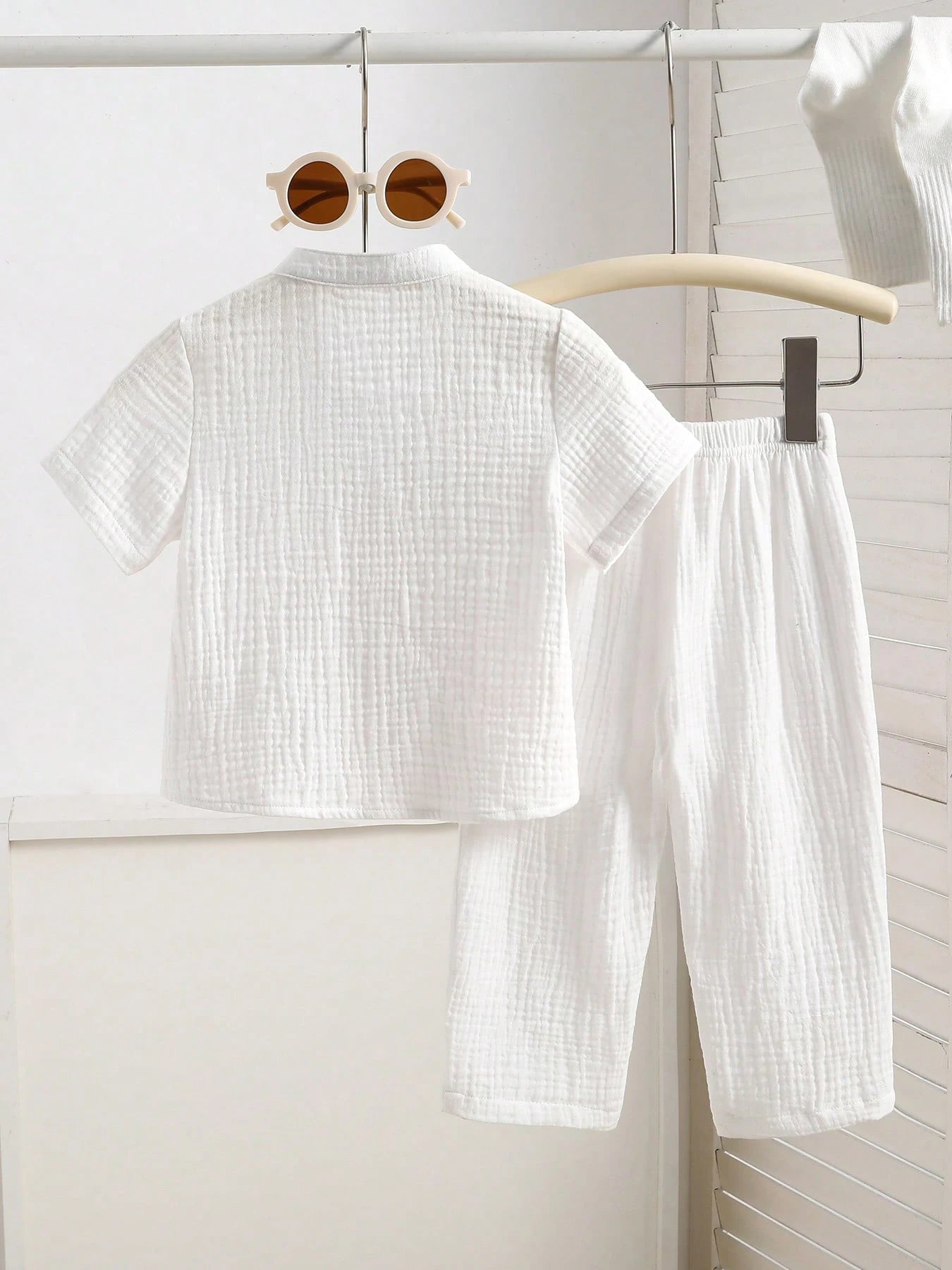 2pcs Boys Muslin Notched Collar Shirt & Wide-Leg Pants Set - Ivory ...