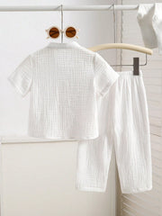 2pcs Boys Muslin Notched Collar Shirt & Wide-Leg Pants Set - Ivory ...