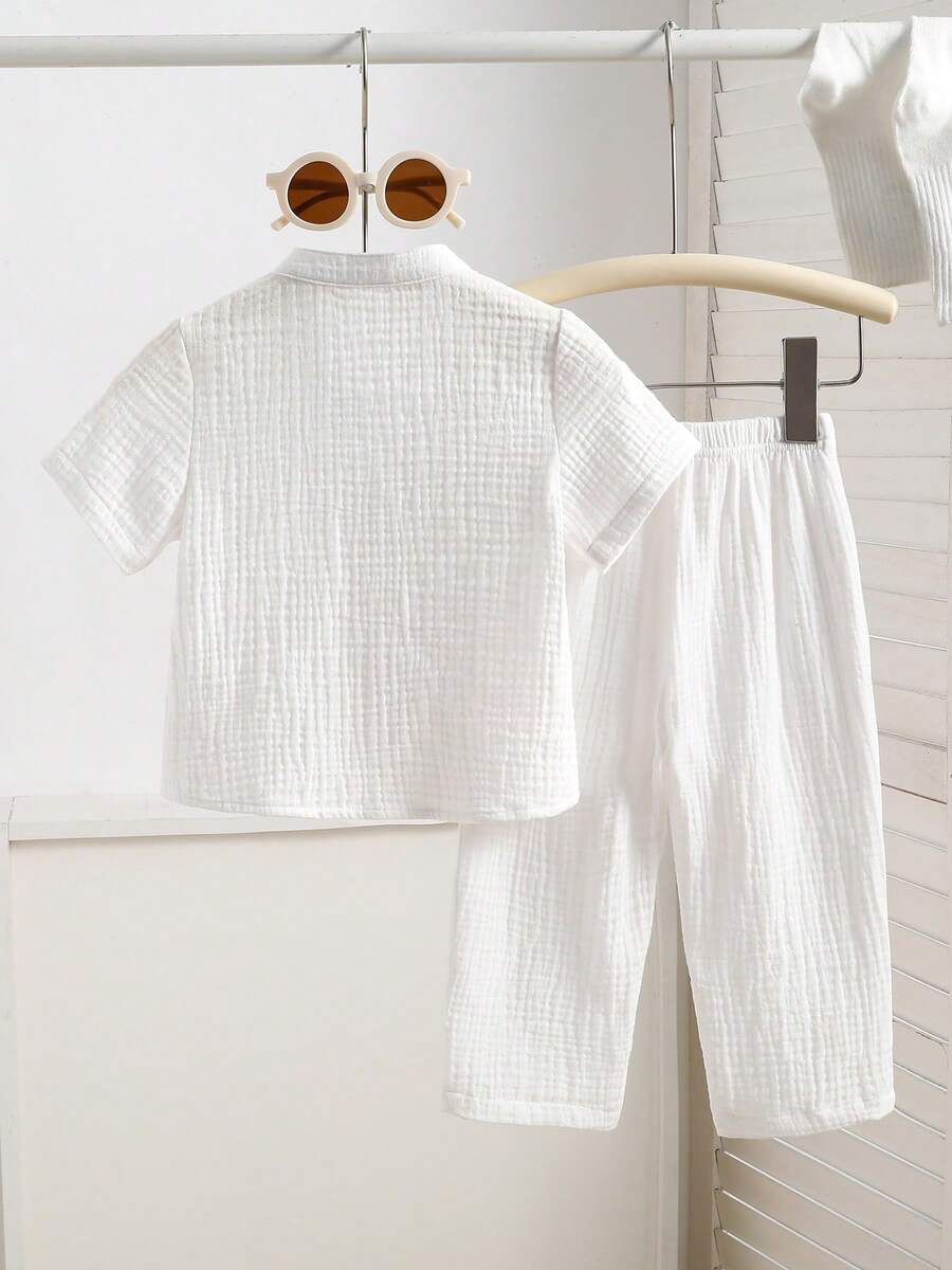 2pcs Boys Muslin Notched Collar Shirt & Wide-Leg Pants Set - Ivory ...