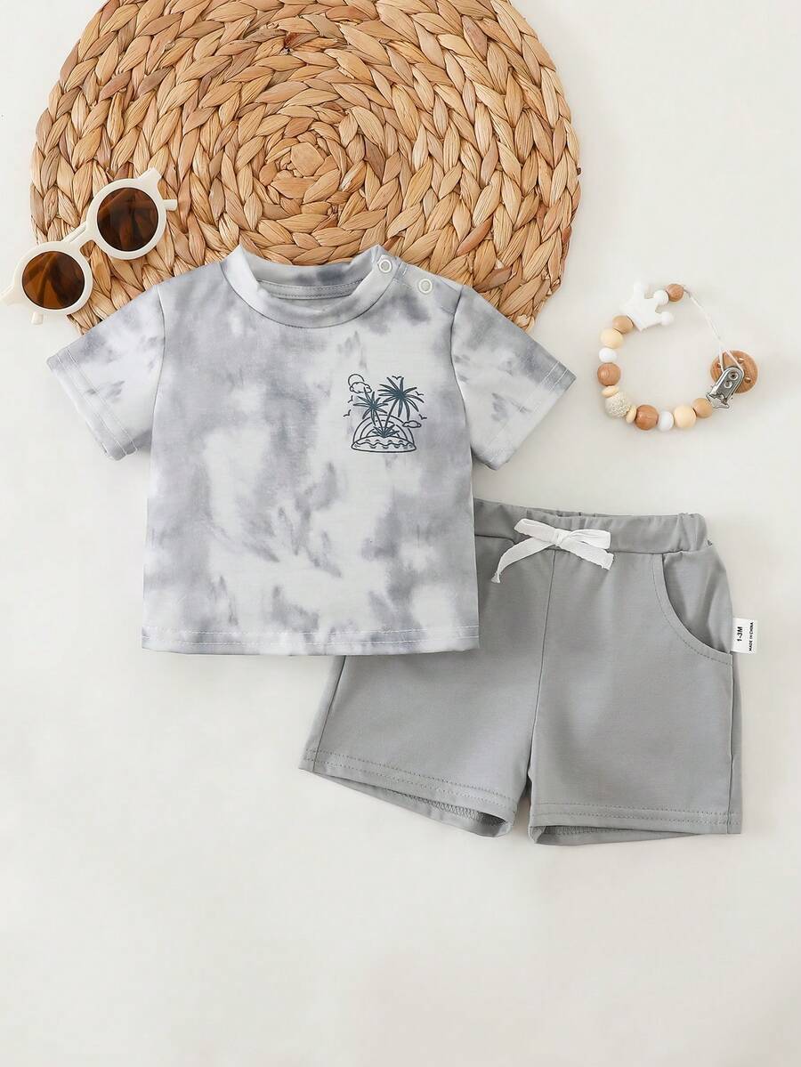 Baby Boys Tie-Dye Island Print Tee & Shorts Set - Slate