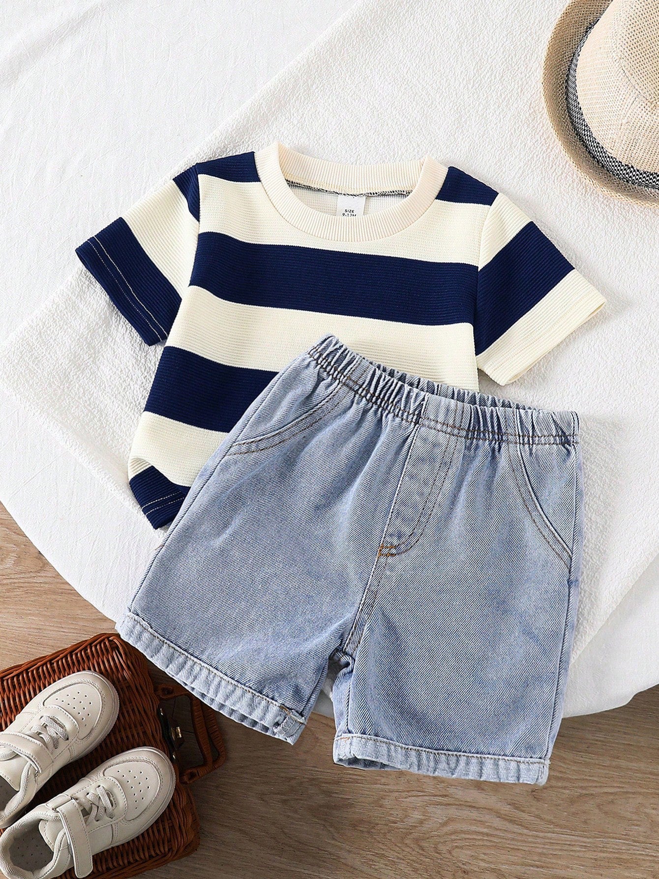 2pcs Boys Stripe Knit Tee & Denim Shorts Set - Ivory