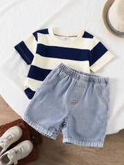 2pcs Boys Stripe Knit Tee & Denim Shorts Set - Ivory