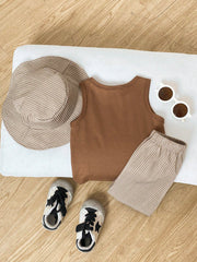 3pcs Boys Letter Graphic Tank Top & Striped Shorts Set - Mocha
