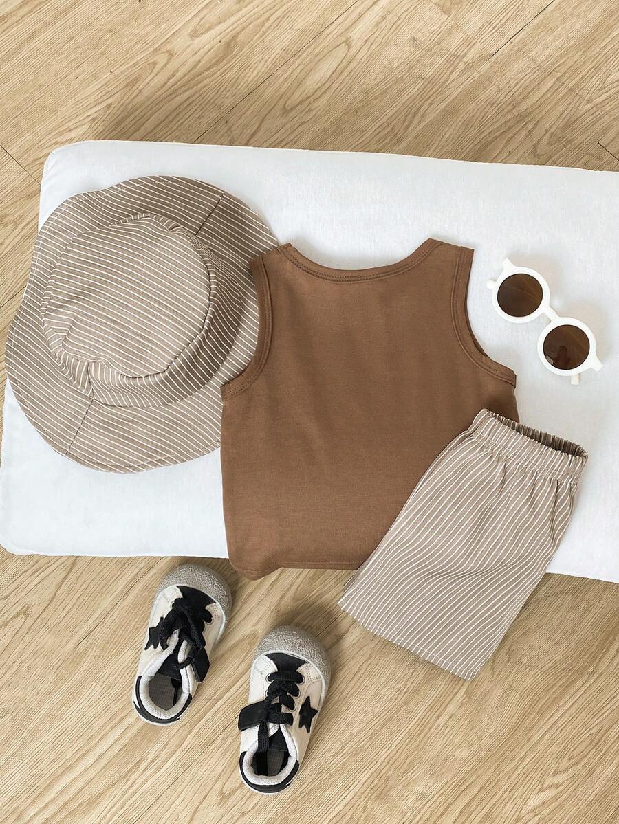 3pcs Boys Letter Graphic Tank Top & Striped Shorts Set - Mocha