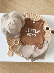 3pcs Boys Letter Graphic Tank Top & Striped Shorts Set - Mocha