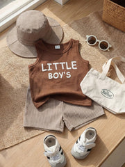 3pcs Boys Letter Graphic Tank Top & Striped Shorts Set - Mocha