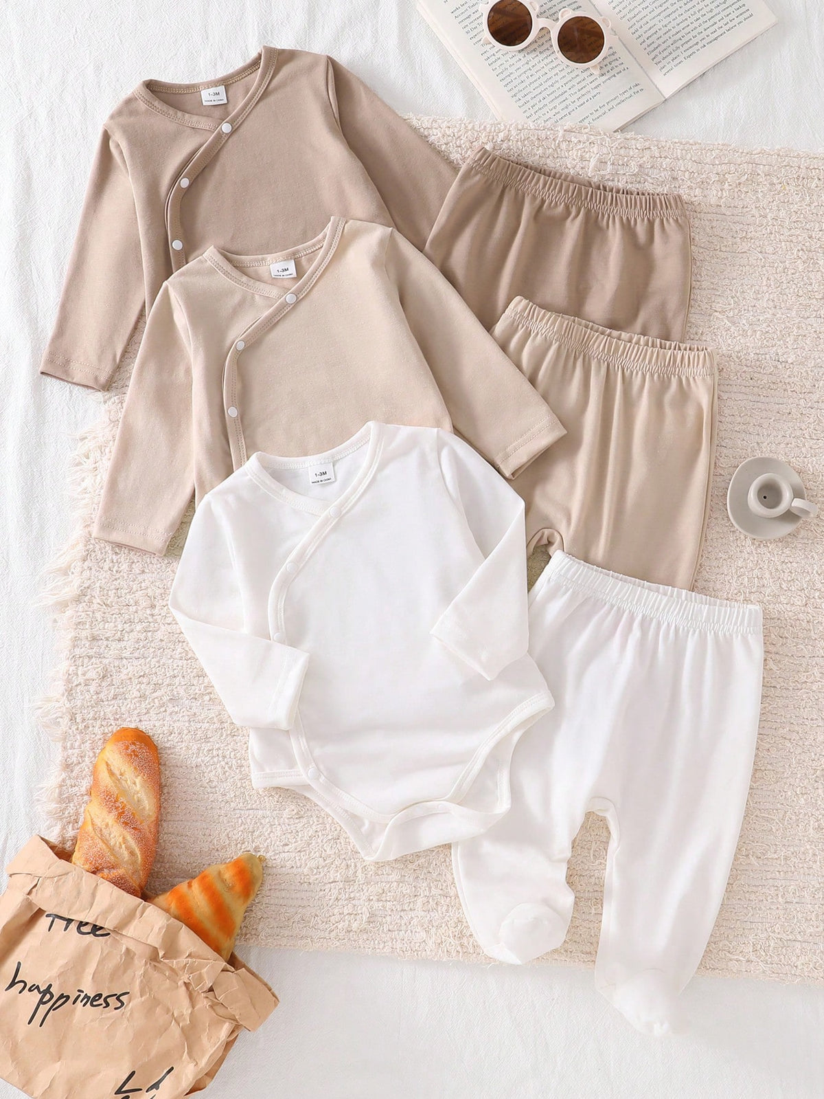 6pcs Baby Boys Wrap Bodysuit & Footed Pants Set - Taupe | 21 Centur...
