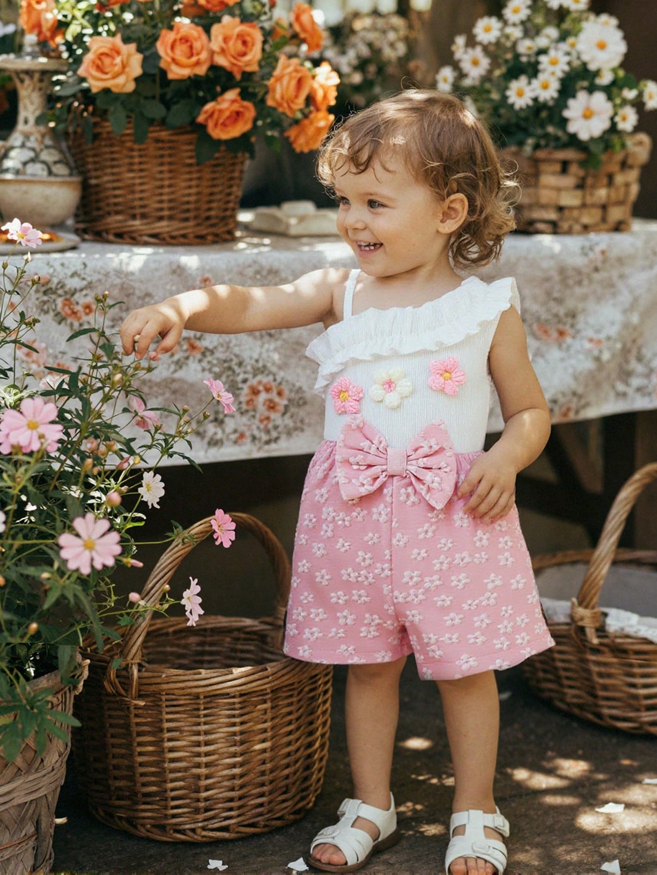 Baby Girls 3D Floral Ruffle Asymmetric Romper - Blush