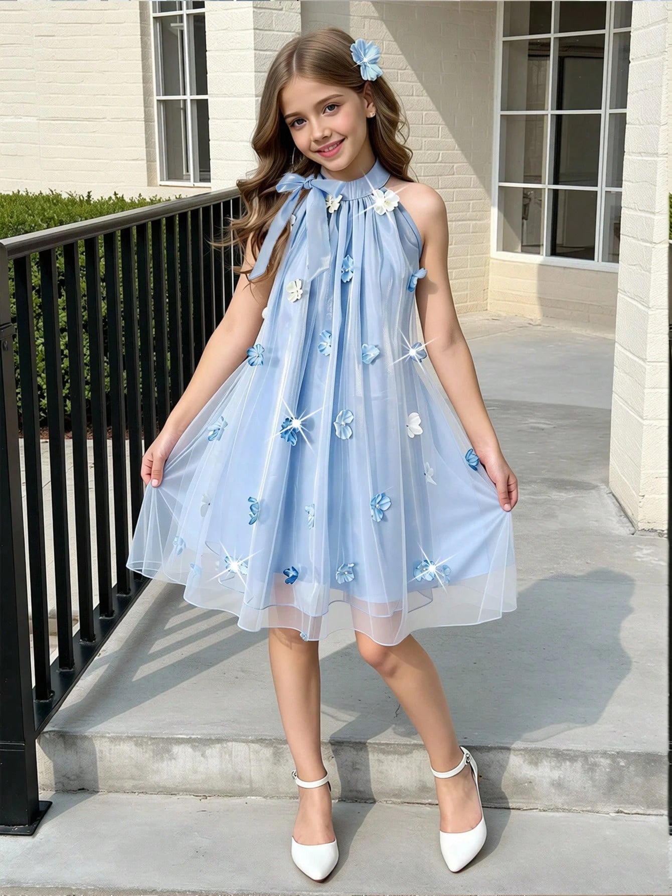 Big Girls 3D Floral Appliqué Halter Neck Tulle Dress - Periwinkle |...
