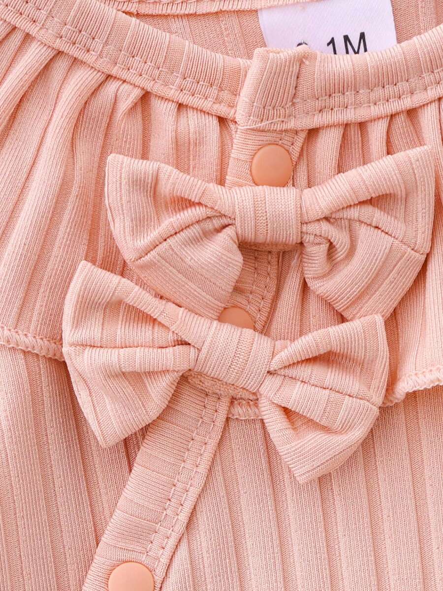 Baby Girls Ribbed Ruffle Collar Bow Romper - Blush