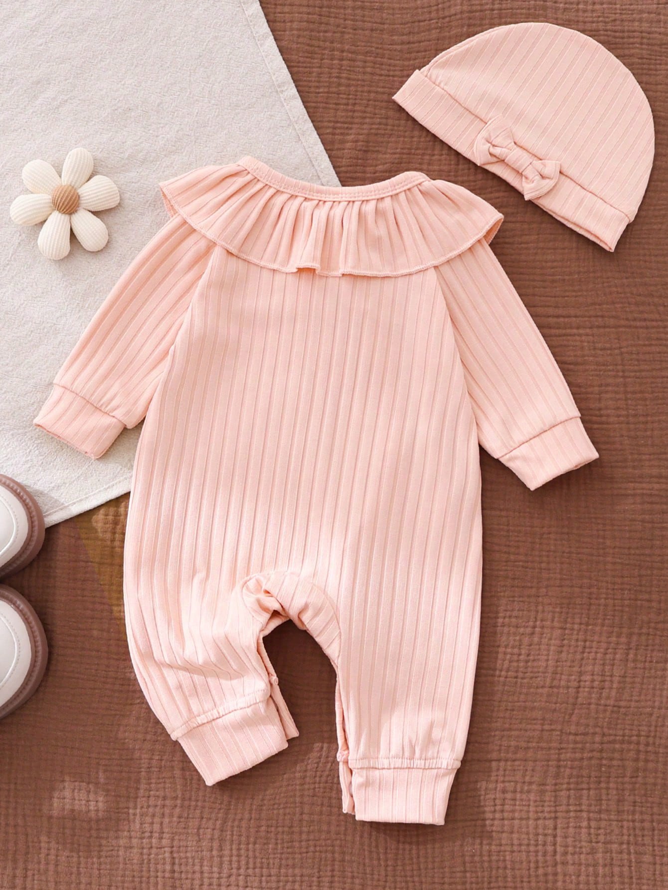 Baby Girls Ribbed Ruffle Collar Bow Romper - Blush