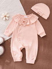 Baby Girls Ribbed Ruffle Collar Bow Romper - Blush
