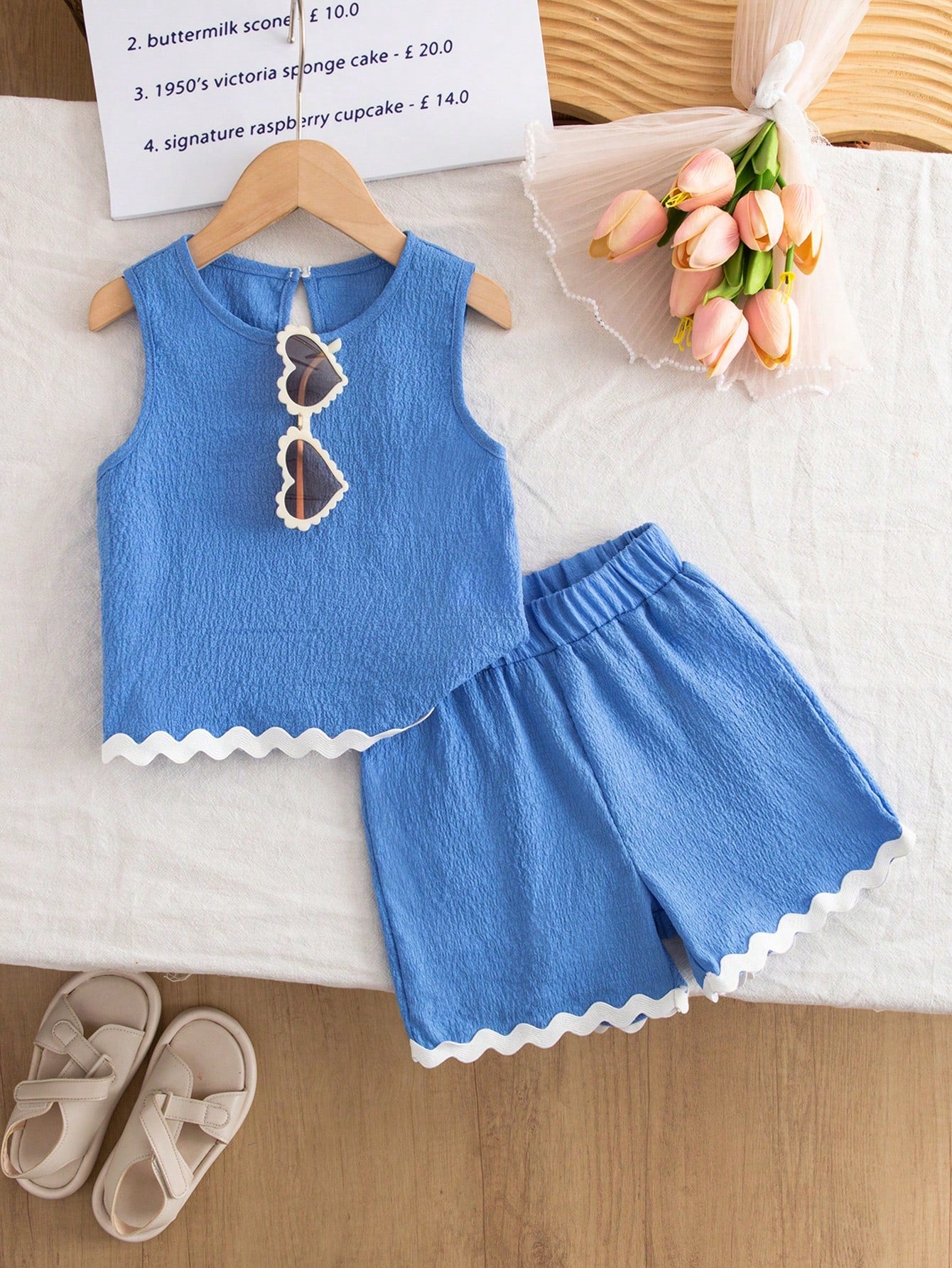 2pcs Girls Seersucker Ric-Rac Trim Tank Top & Shorts Set - Cerulean...