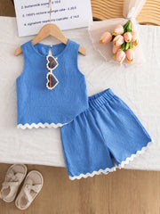 2pcs Girls Seersucker Ric-Rac Trim Tank Top & Shorts Set - Cerulean...