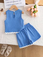 2pcs Girls Seersucker Ric-Rac Trim Tank Top & Shorts Set - Cerulean...