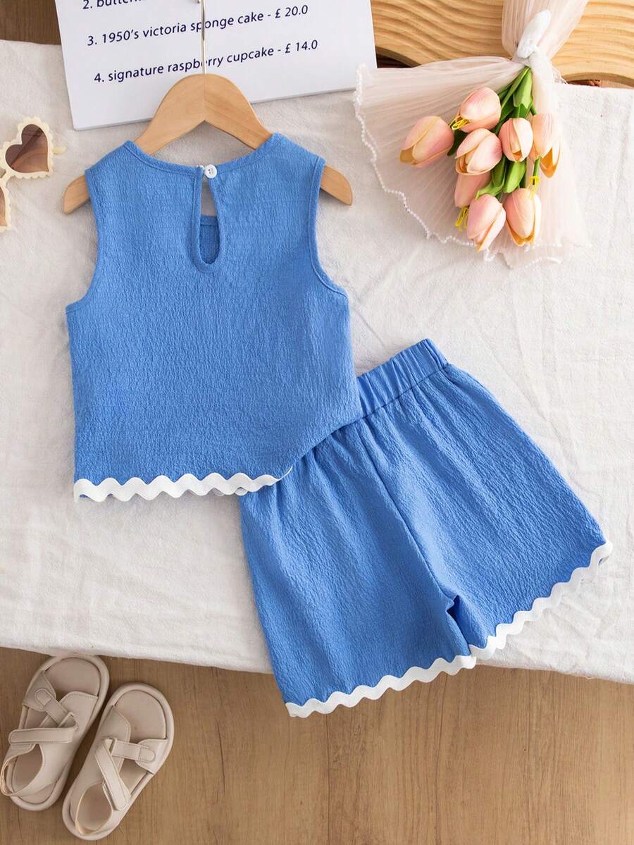 2pcs Girls Seersucker Ric-Rac Trim Tank Top & Shorts Set - Cerulean...