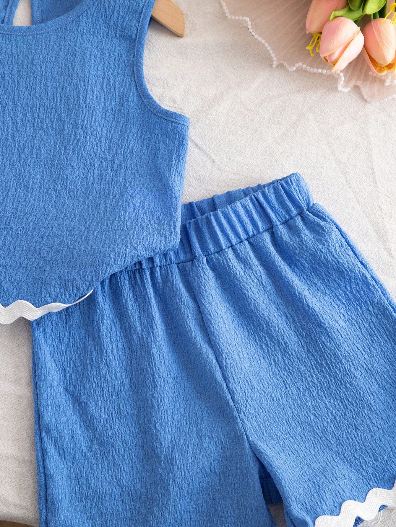 2pcs Girls Seersucker Ric-Rac Trim Tank Top & Shorts Set - Cerulean...