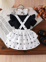 3pcs Girls Bow Print Ruffle Tee & Polka Dot Suspender Skirt Set - Onyx
