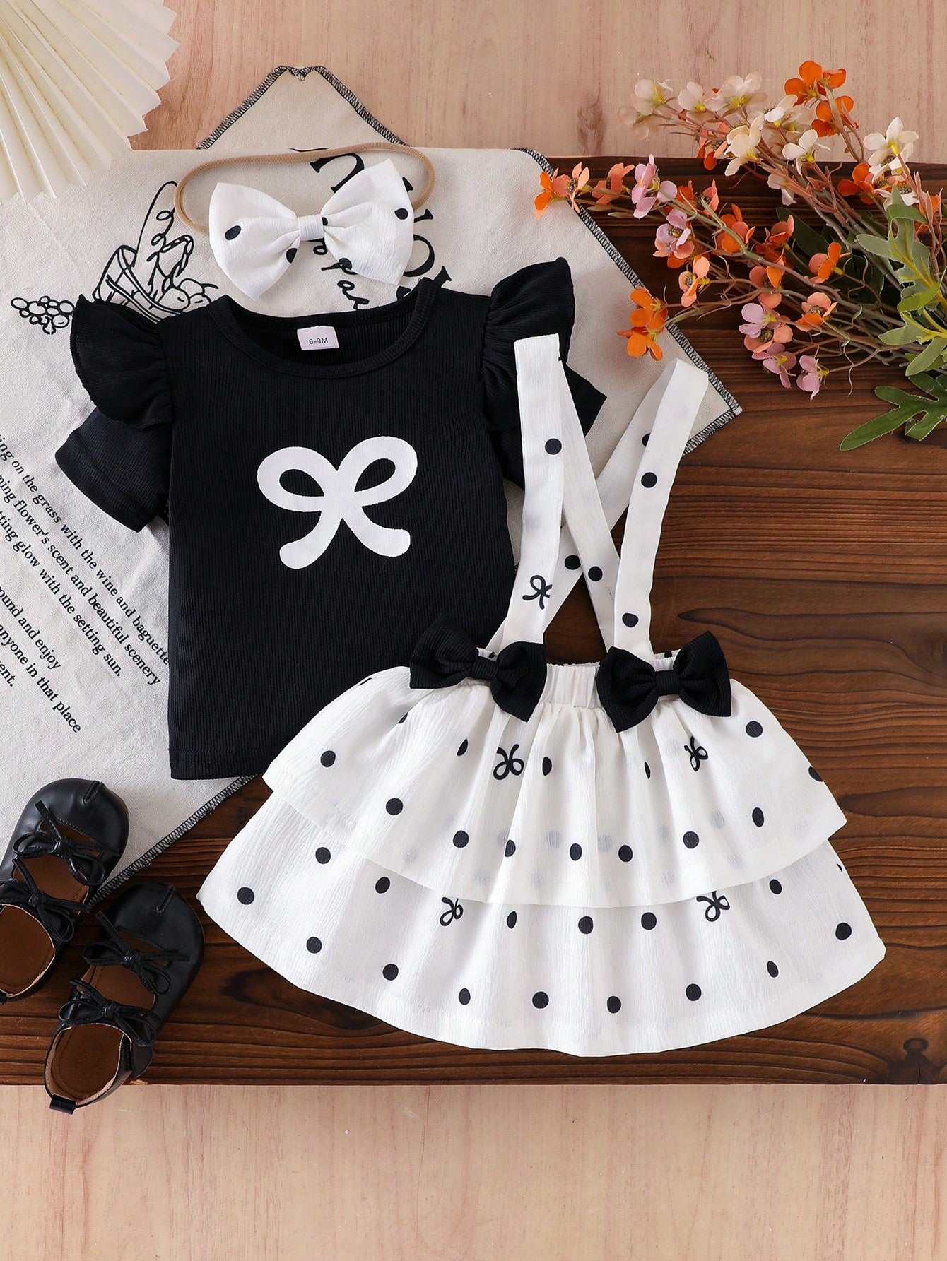 3pcs Girls Bow Print Ruffle Tee & Polka Dot Suspender Skirt Set - Onyx