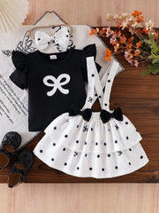 3pcs Girls Bow Print Ruffle Tee & Polka Dot Suspender Skirt Set - Onyx